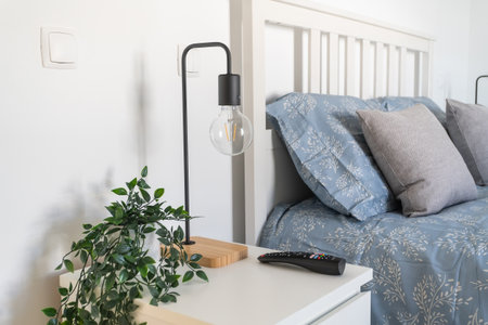 This cozy bedroom showcases a modern design with soft blue bedding, stylish pillows, a bedside lamp,...