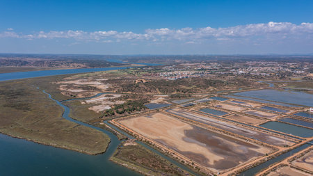 Aerial view shows Guadiana International Bridge connecting Vila Real Santo Antonio in Portugal to...