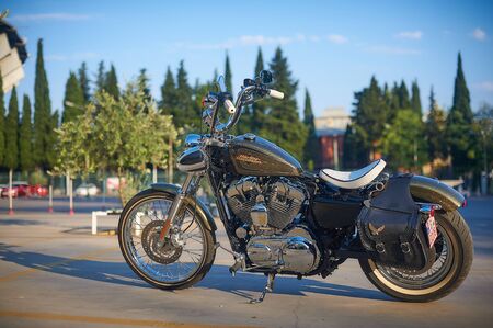 Tbilisi, Georgia - July 16, 2019 - parked Harley Davidson chromed bobber motorcycleのeditorial素材