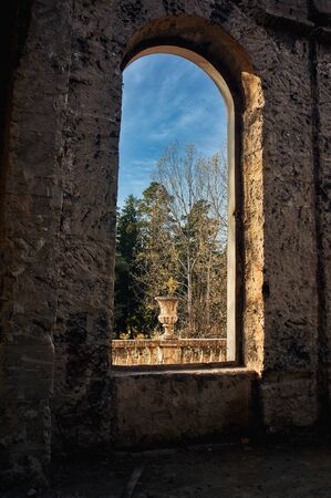 Tbilisi, Georgia October 27, 2019 - Old abandoned resort hotel in Borjomi, Georgia. Golden autumn leaves and beautiful scenery around.のeditorial素材