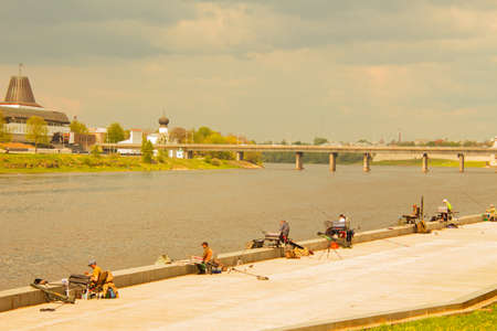 May 15, 2021, Russia, Pskov: Competition of fishermen on the embankment of the Velikaya riverのeditorial素材