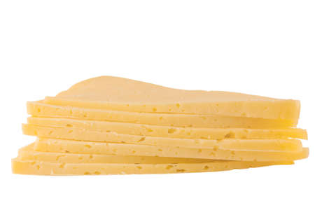 Stack of triangular pieces of cheese isolated on white backgroundの写真素材