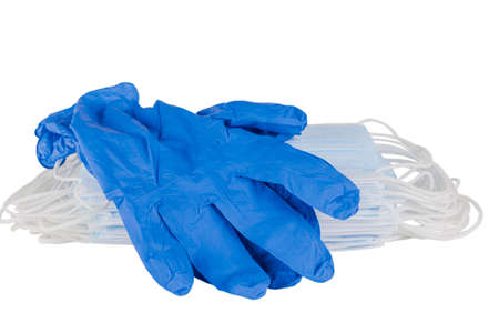 personal protective equipment rubber blue gloves and disposable masks isolated on white background