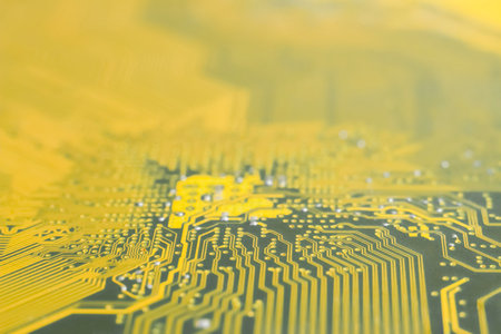 background image. Electronic computer hardware technology. Printed circuit board with electrically conductive circuits of an electronic circuitの写真素材
