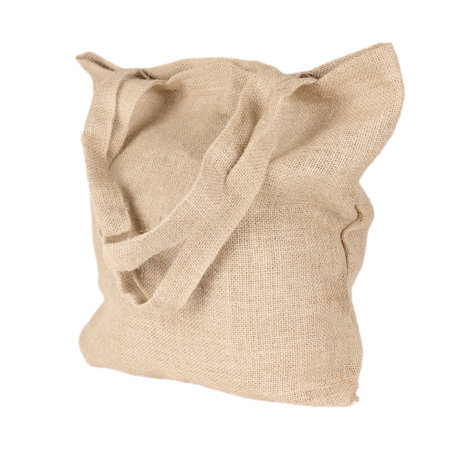 burlap canvas shopping bag with long handles isolated on white backgroundの写真素材