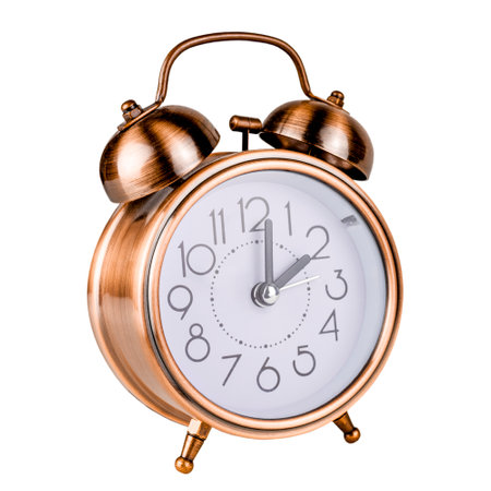 desktop bronze retro alarm clock showing 2 hours, 2 minutes isolated on white background