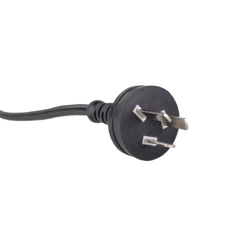 black three-prong electric plug with flat pins isolated on white background