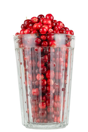 red, juicy, ripe lingonberries in a faceted glass isolated on a white backgroundの写真素材