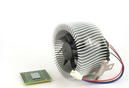 Processor and fan with radiator over white. Shallow DOF.の写真素材