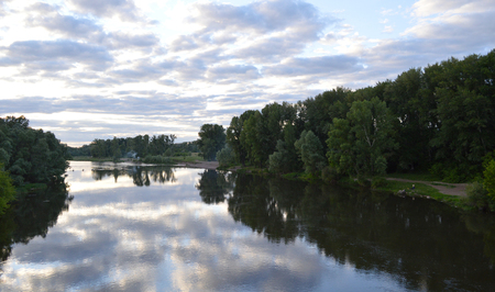 beautiful evening landscape with riverの写真素材