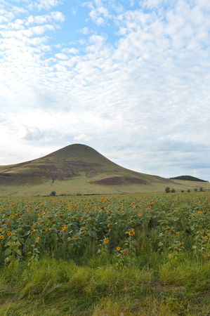 summer landscape with mountain and blue sky with cloudsの写真素材