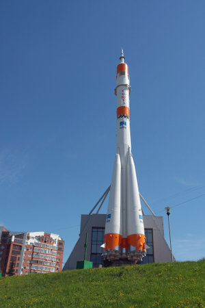 SAMARA, RUSSIA - MAY 08: Soyuz rocket as monument on May 08, 2012 in Samara City. Soyuz rocket is the effective remedy used launch vehicle in the worldのeditorial素材