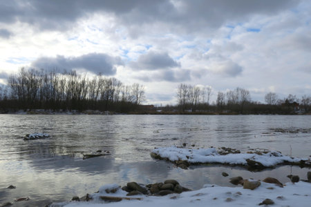 late autumn landscape with riverの写真素材