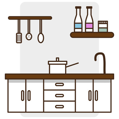 cartoon kitchen. Apartment interior. Cooking background. Vector illustration. stock image.のイラスト素材
