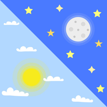 Flat icon with day night cartoon. Dark sky background. Star icon. Vector illustration.のイラスト素材