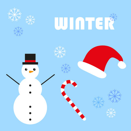 Snowman snowflakes blue background. Traditional holiday card design. Vector illustration.のイラスト素材