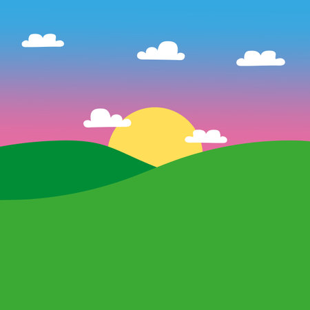 green cartoon meadow sun. Hills horizon. Vector illustration.のイラスト素材
