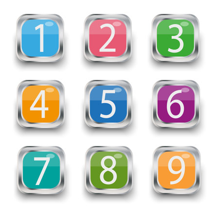 Color volumetric square buttons numbers.square shape. Gradient color. Vector illustration.のイラスト素材