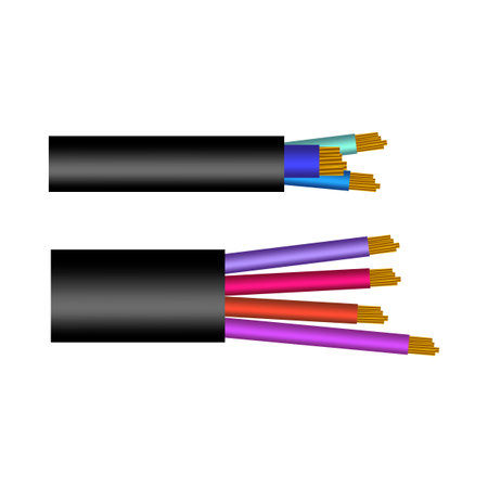 Power cables various types with electrical wire conductors held together with overall sheath. Cords for construction works, light, communication set. cable isolated. Vector illustration.のイラスト素材