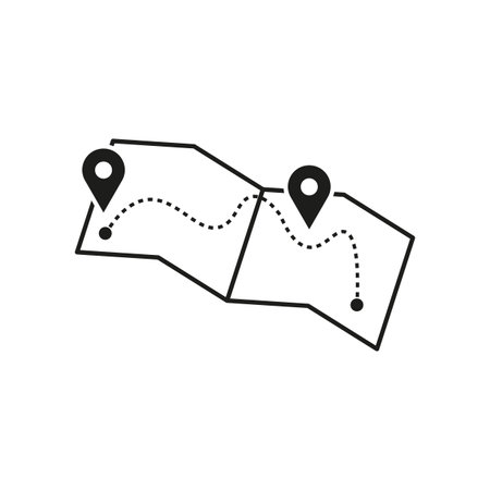 Map icon. Map and two pins. Pins, path on the map. Vector illustration. EPS 10.のイラスト素材