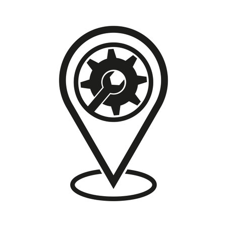 Service location. Point on the service map. GPS and repair shop symbol. Location and wrench symbol. Maintenance icon. Vector illustration. Eps 10.のイラスト素材