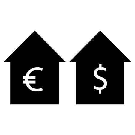 Money house icon set. Houses with dollar and euro signs. Vector illustration. EPS 10.のイラスト素材