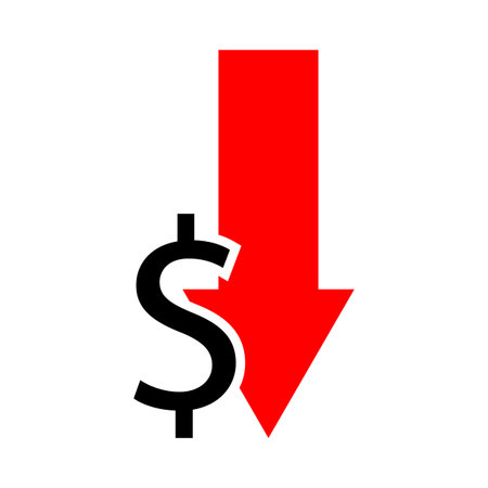 Red arrow going down stock with dollar. Vector illustration. EPS 10.のイラスト素材