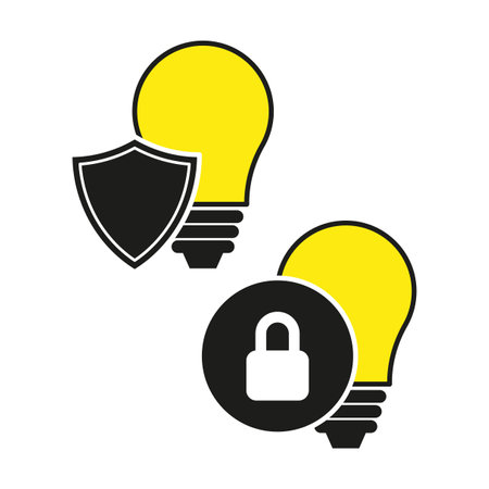 Patent idea or patented solution symbol. Locked or protected bright glowing yellow light bulb icon. Vector illustration. EPS 10.のイラスト素材
