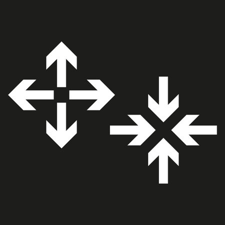 Black arrows inward outward. Pointer arrow icon. Line emblem. Navigation pointer. Vector...