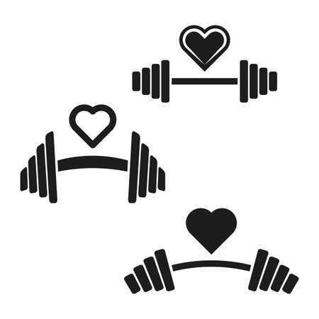 Love for fitness concept. Barbell with heart icon. Passion for weightlifting symbol. Healthy lifestyle design. Vector illustration. EPS 10.のイラスト素材