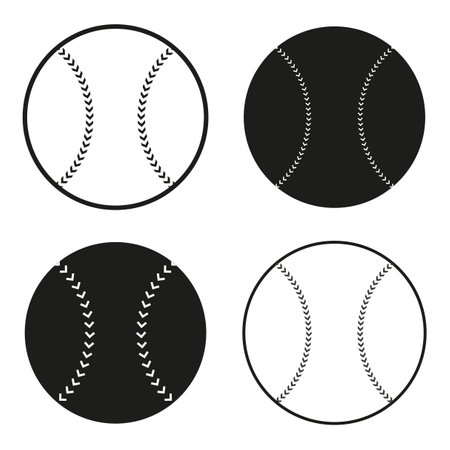 Baseball icons set. Stitched ball designs in black and white. Sports equipment concept. Vector illustration. EPS 10.のイラスト素材