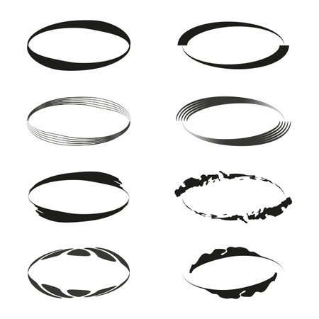 Assorted circular brush strokes set. Abstract circle shapes design. Vector illustration. EPS 10.のイラスト素材