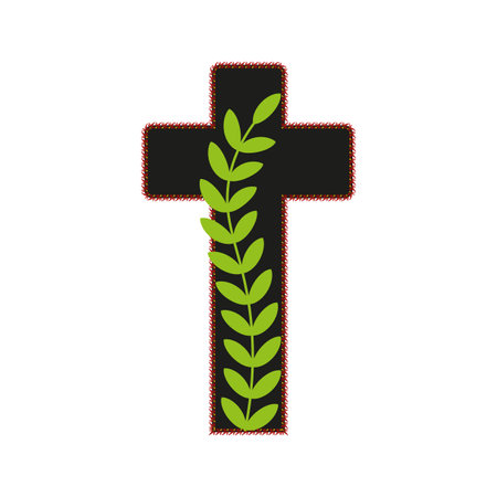 Green Leaf Cross Design. Black Christian Symbol. Nature Accent. Vector Spiritual Emblem.のイラスト素材