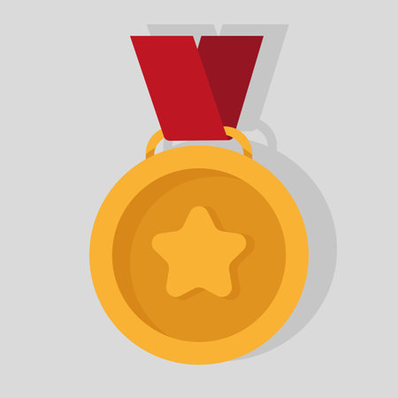 Gold medal Vector icon. Champion reward symbol. Red ribbon star feature. Achievement insignia design.のイラスト素材
