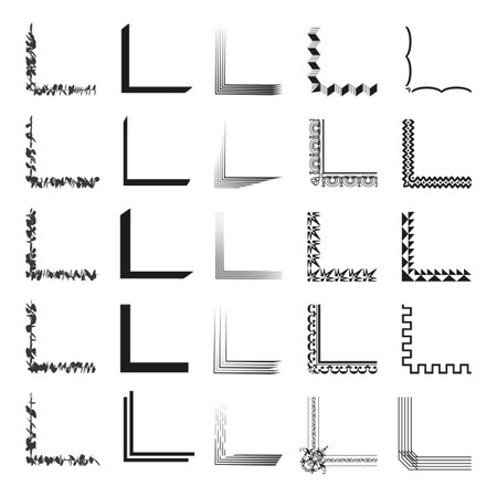 Collection of vector corner designs. Various black decorative border elements. Elegant page embellishments set. Versatile corner accents.のイラスト素材