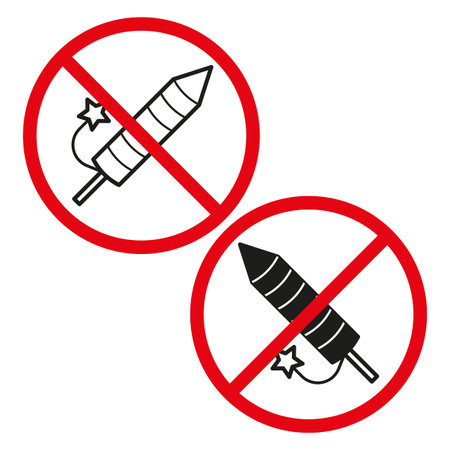 No fireworks allowed signs. Firecracker prohibition symbols. Vector safety warning icons.のイラスト素材
