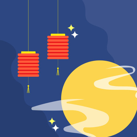 Lanterns and Full Moon Illustration. Festive Night Vector. Asian Culture Design. Celestial Scene Artwork.のイラスト素材