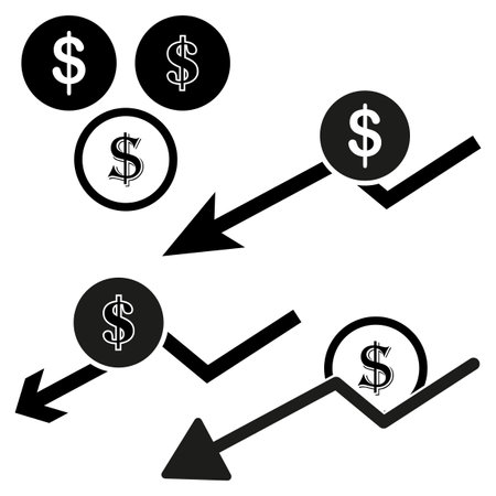 Declining dollar value graph. Vector economic icons. Financial downturn concept.のイラスト素材