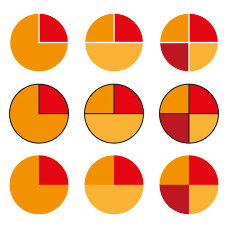 Set of pie chart vector icons. Red and yellow segmented circles. Data visualization elements. Vector infographic segments.のイラスト素材