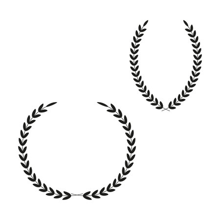 Laurel wreath pair set. Classic victory symbol. Black leaf Vector design. Award ceremony icon.のイラスト素材