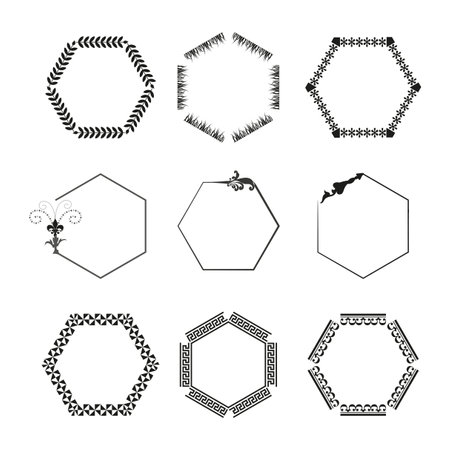 Laurel wreath vector circle. Pine needle hexagonal frame. Starburst border design. Fleur de lis decorative hexagon. Greek key octagonal border. Ornamental loop frame.のイラスト素材