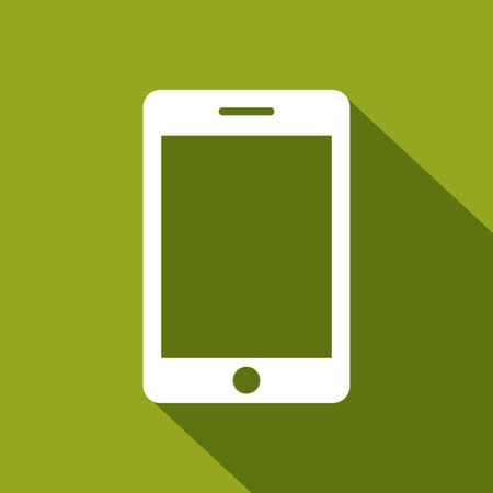 Smartphone icon vector. White mobile device. Green background shadow. Modern communication symbol.のイラスト素材