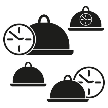 Food service icons. Clock and cloche. Black vector illustrations. Time management symbols.のイラスト素材