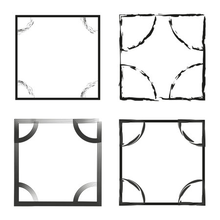 Decorative square frames. Four black designs. Abstract vector elements. Modern geometric shapes.のイラスト素材