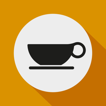 Cup icon vector. Black coffee cup. White circle background. Orange backdrop.のイラスト素材
