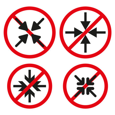 Prohibition arrow icons. Red circle symbols. No entry signs vector. Black and red design.のイラスト素材