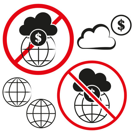 No cloud money icons. Red prohibition signs. Global finance symbols. Vector illustration set.のイラスト素材