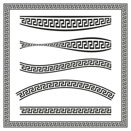Greek key border set. Black vector patterns. Decorative geometric frames. Classic design elements.のイラスト素材
