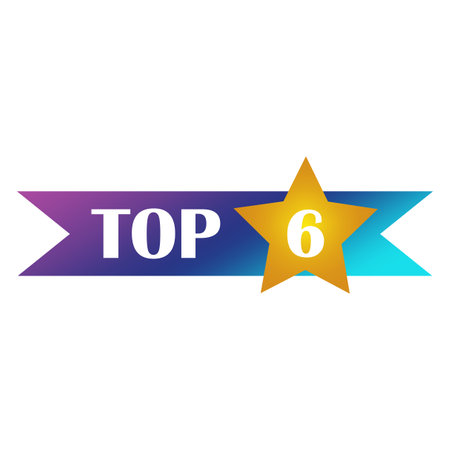 Top six banner. Golden star 6 badge. Gradient ribbon vector. Ranking award symbol.のイラスト素材