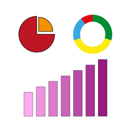 Colorful chart and graph collection. Set of pie, donut, and bar charts in vibrant colors. Vector illustration.のイラスト素材